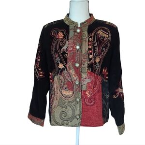 Indigo Moon Embroidered Crocheted Floral Button Up Jacket XS Black Rust Red